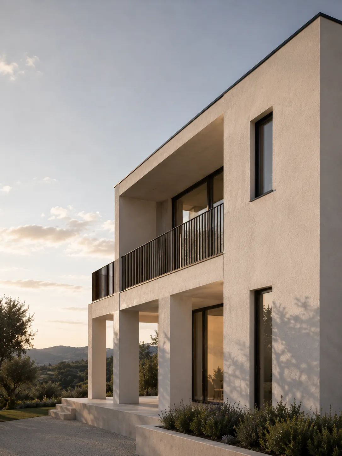Casă modernă cu fațadă tencuită și balcon metalic, finalizată de Meister Con Fin